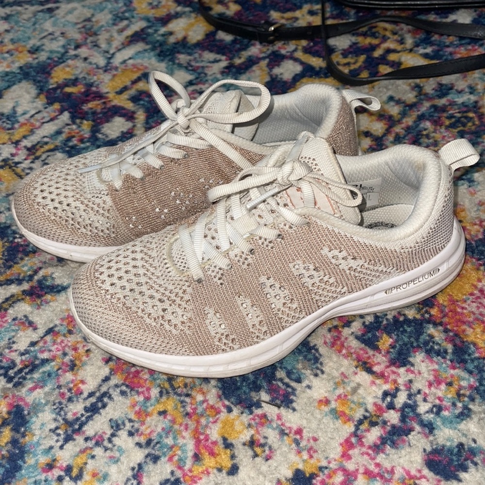 Rose gold and white APL sneakers size 6